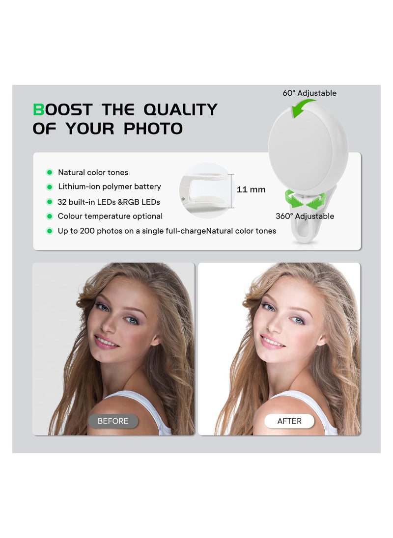 SYOSI - Selfie Clip on Ring Ligh, Rechargeable Selfie Ring Light, with 3 Light Modes and 7 Colorful Lighting, 360° Adjustable Selfie Fill Light Cell Phone Selfie Lights for Laptop, Tablet, Video, Camer - Image 1