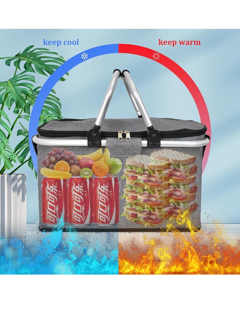 SISGL Family Outdoor Picnic Basket 20L Portable Collapsible Cooler Bag Handheld Large Capacity Insulated Basket Foldable Portable Car Storage Bag Grocery Bag Shopping Basket With Aluminium Handles For Shopping, Travel, Camping - Image 5