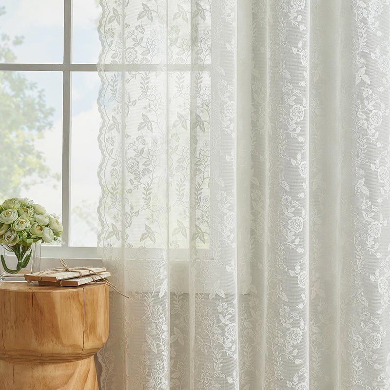 FINECITY Lace Curtains 63 Inch Length for Bedroom, Rustic Leaf Floral Design Lace Curtain Panels, Rod Pocket Farmhouse Privacy Window Sheer Lace Curtains, 42 x 63 Inch, 2 Panels, Ivory - Image 4