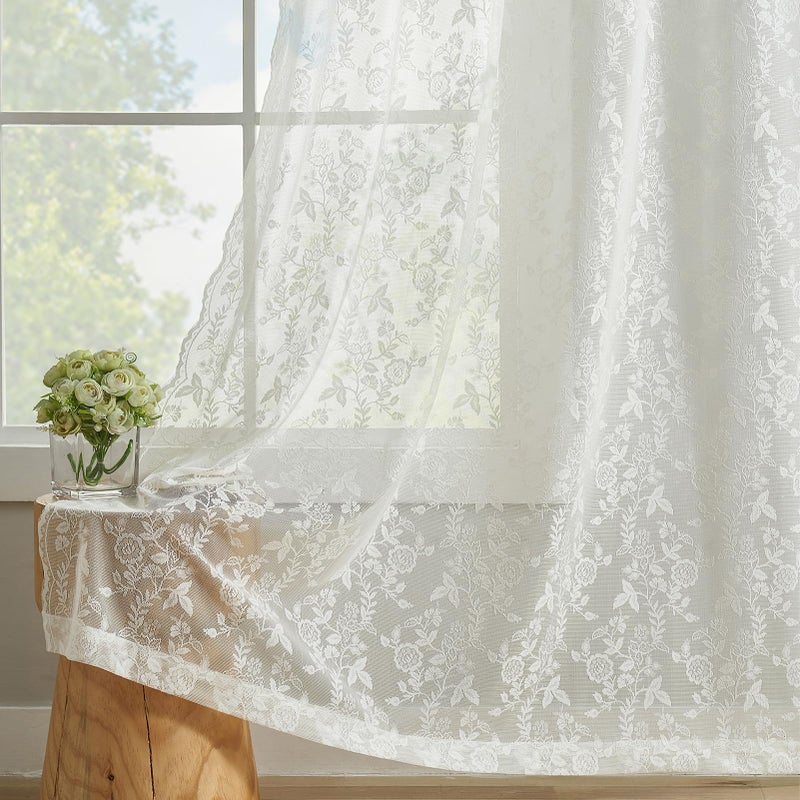 FINECITY Lace Curtains 63 Inch Length for Bedroom, Rustic Leaf Floral Design Lace Curtain Panels, Rod Pocket Farmhouse Privacy Window Sheer Lace Curtains, 42 x 63 Inch, 2 Panels, Ivory - Image 5