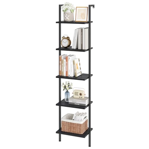 ELYKEN Ladder Shelf 5Tier Wood Wall Mounted Bookshelf with Metal Frame Vintage Open Display Organizer Rack Leaning Storage Shelves for Living Room Bedroom Home Office Black