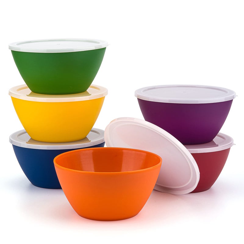 KXWARE Plastic Bowls with Lids set of 6  Unbreakable and Reusable 6inch Plastic CerealSoupSalad Bowls Multicolor MicrowaveDishwasher Safe BPA Free