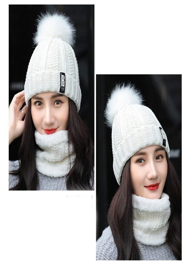 Zeki Winter Soft Warm Snow Proof Pom Pom Cap (Inside Fur) Woolen Beanie Cap With Scarf for Women's & Girl's (White, Freesize)-(Pack of 02) - Image 2
