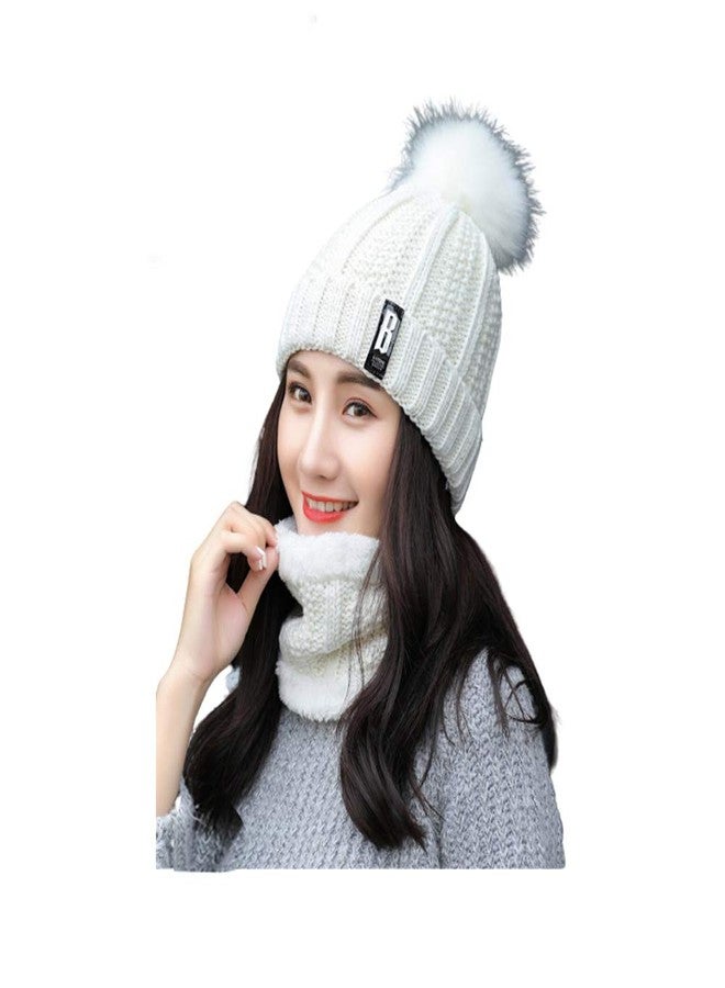 Zeki Winter Soft Warm Snow Proof Pom Pom Cap (Inside Fur) Woolen Beanie Cap With Scarf for Women's & Girl's (White, Freesize)-(Pack of 02) - Image 1