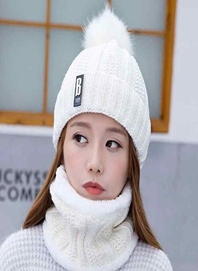 Zeki Winter Soft Warm Snow Proof Pom Pom Cap (Inside Fur) Woolen Beanie Cap With Scarf for Women's & Girl's (White, Freesize)-(Pack of 02) - Image 4