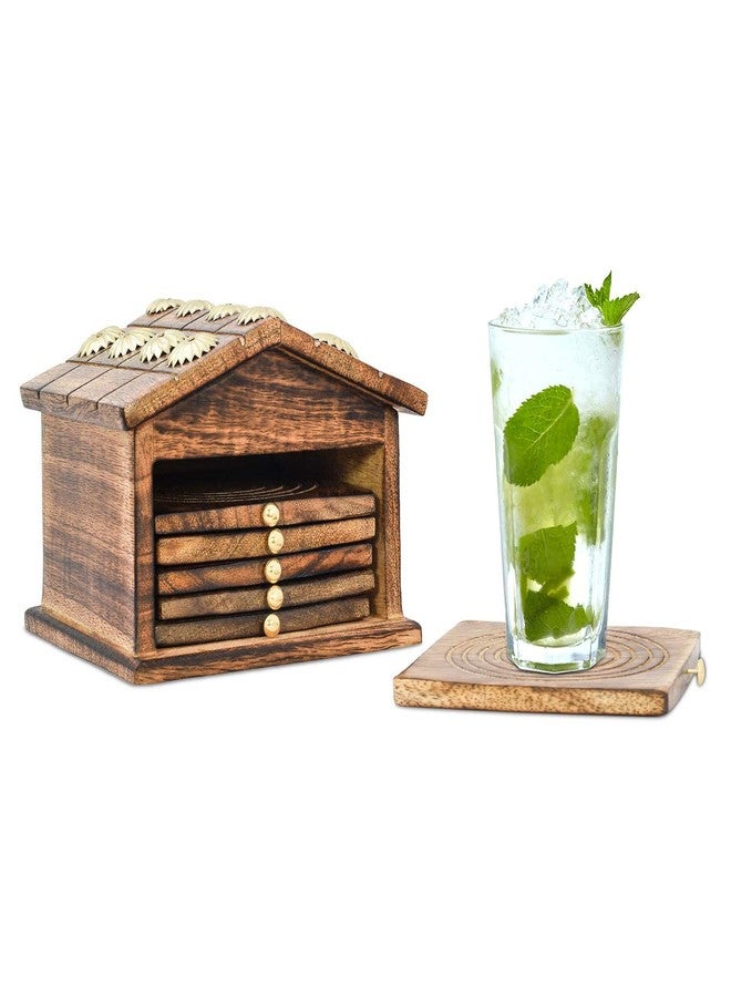WELNO International, Wooden Boat Coasters for Drinks, Reversible, Eco-Friendly, Absorbent, Antique Look Handcrafted Coasters, Set of 6 (Hut) - Image 1
