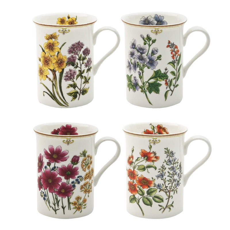 Grace Teaware Bone China Coffee Tea Mugs 9Ounce Assorted Set of 4 4 Assorted Botanicals