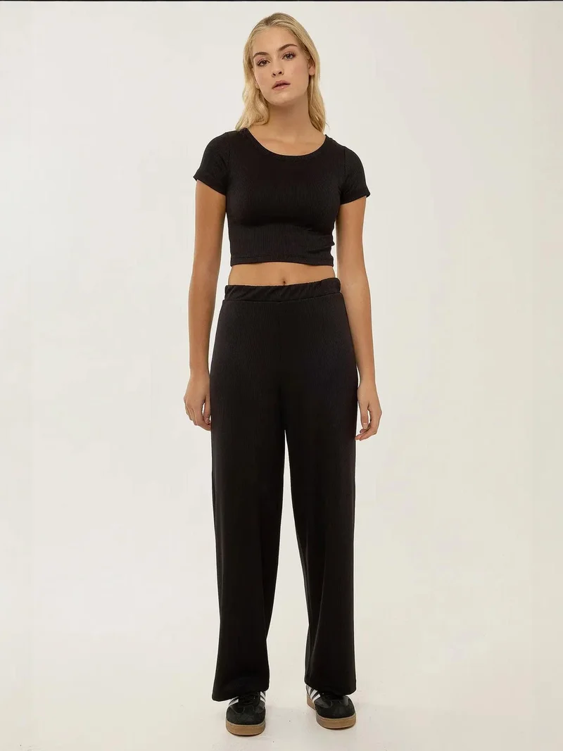 Knit Crop Shirt & Elastic Belt Pants Set