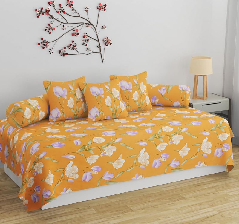 SHOMES Pure Soft Cotton Printed Diwan Set Covers 6 Pieces - 1 Single Bed Sheet (60 X 90) with 3 Cushion (16 X 16), 2 Bolster Covers (16 X 32) - (Yellow, Medium) - Image 1