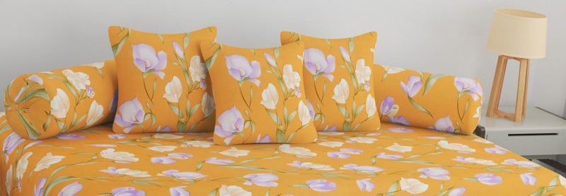 SHOMES Pure Soft Cotton Printed Diwan Set Covers 6 Pieces - 1 Single Bed Sheet (60 X 90) with 3 Cushion (16 X 16), 2 Bolster Covers (16 X 32) - (Yellow, Medium) - Image 2