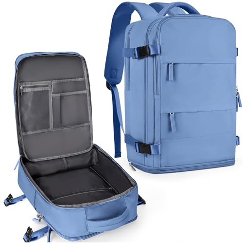 coowoz Large Travel Backpack For Women Men,Carry On Backpack Flight Approved,Hiking Backpack Outdoor Rucksack Casual Daypack Fit 15.6 Inch Laptop Shoes Compartment (Sky Blue L) - Image 1