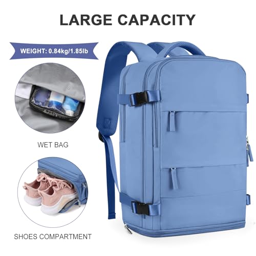 coowoz Large Travel Backpack For Women Men,Carry On Backpack Flight Approved,Hiking Backpack Outdoor Rucksack Casual Daypack Fit 15.6 Inch Laptop Shoes Compartment (Sky Blue L) - Image 4