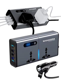 HAMMINER 200W Car Power Inverter DC 12/24V To 220V AC Car Inverter With 3 USB (2.4A + 1.2A + QC3.0 + Type-C) & 2 AC Outlets For Laptop Car Plug Adapter Car Power Inverter Car Charger Fast Charger LED Display Cigarette Lighter Connector, Perfect For Cars, SUVs & Trucks  - Image 1