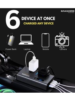 HAMMINER 200W Car Power Inverter DC 12/24V To 220V AC Car Inverter With 3 USB (2.4A + 1.2A + QC3.0 + Type-C) & 2 AC Outlets For Laptop Car Plug Adapter Car Power Inverter Car Charger Fast Charger LED Display Cigarette Lighter Connector, Perfect For Cars, SUVs & Trucks  - Image 2