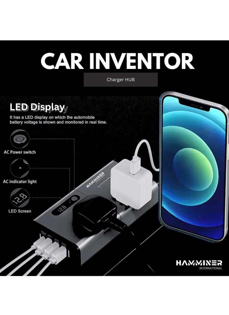 HAMMINER 200W Car Power Inverter DC 12/24V To 220V AC Car Inverter With 3 USB (2.4A + 1.2A + QC3.0 + Type-C) & 2 AC Outlets For Laptop Car Plug Adapter Car Power Inverter Car Charger Fast Charger LED Display Cigarette Lighter Connector, Perfect For Cars, SUVs & Trucks  - Image 3