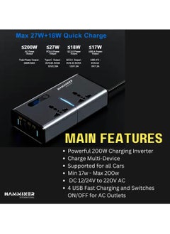 HAMMINER 200W Car Power Inverter DC 12/24V To 220V AC Car Inverter With 3 USB (2.4A + 1.2A + QC3.0 + Type-C) & 2 AC Outlets For Laptop Car Plug Adapter Car Power Inverter Car Charger Fast Charger LED Display Cigarette Lighter Connector, Perfect For Cars, SUVs & Trucks  - Image 4
