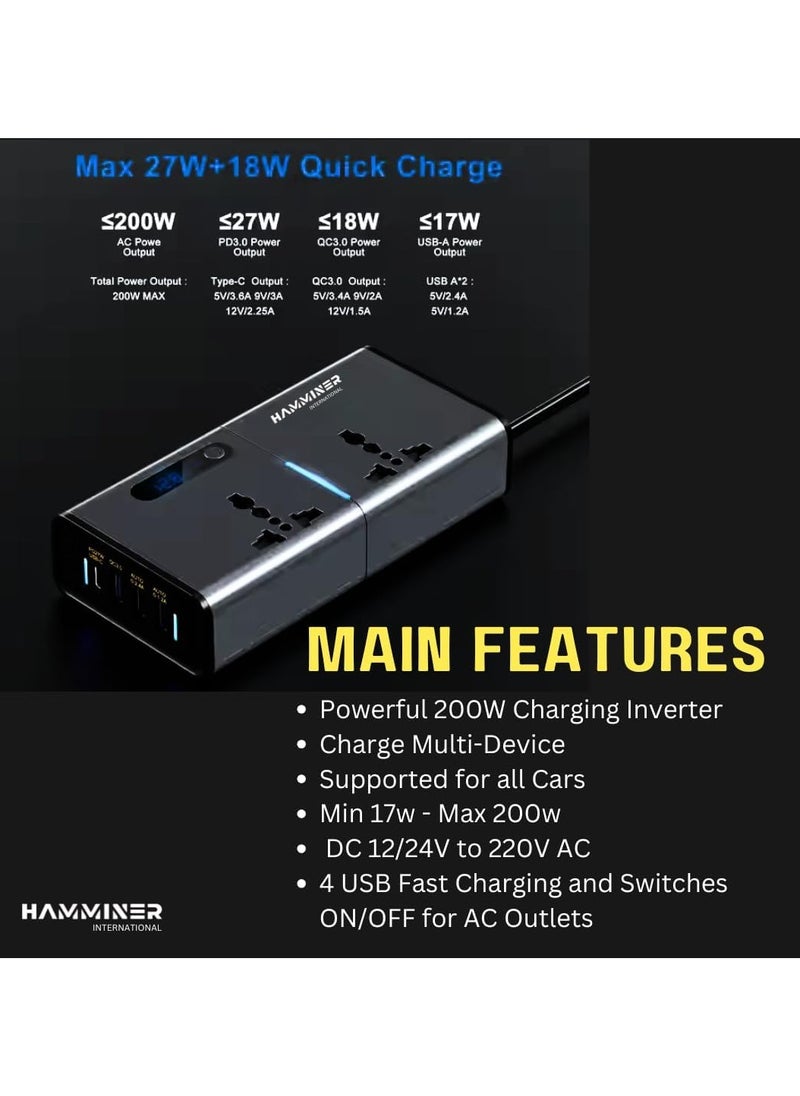 HAMMINER 200W Car Power Inverter DC 12/24V To 220V AC Car Inverter With 3 USB (2.4A + 1.2A + QC3.0 + Type-C) & 2 AC Outlets For Laptop Car Plug Adapter Car Power Inverter Car Charger Fast Charger LED Display Cigarette Lighter Connector, Perfect For Cars, SUVs & Trucks  - Image 4