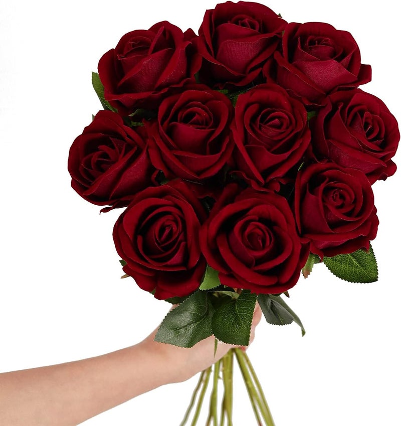 Luyue 10 Pack Artificial Velvet Roses Fake Red Rose Silk Flowers with Stem Floral Gift for Wedding Arrangement Party Home Decor-Burgandy - Image 1