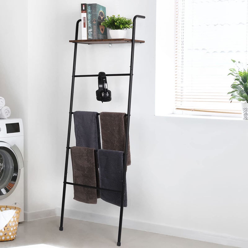 CADUKE CADUKE Blanket Ladder for Bathroom Blanket Towel Ladder Holder with Shelf for Living Room Farmhouse 5Tier WallLeaning Shelf Metal Quilt Rack Black and Brown