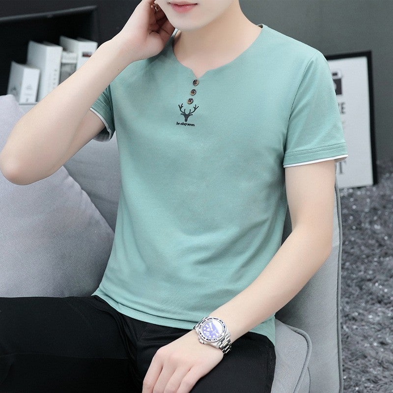 Men's T-shirt Summer Cotton plus size Heavy Short-sleeved Korean Fashion Teenager Student Trendy V-neck Casual Boys' Body - Image 3