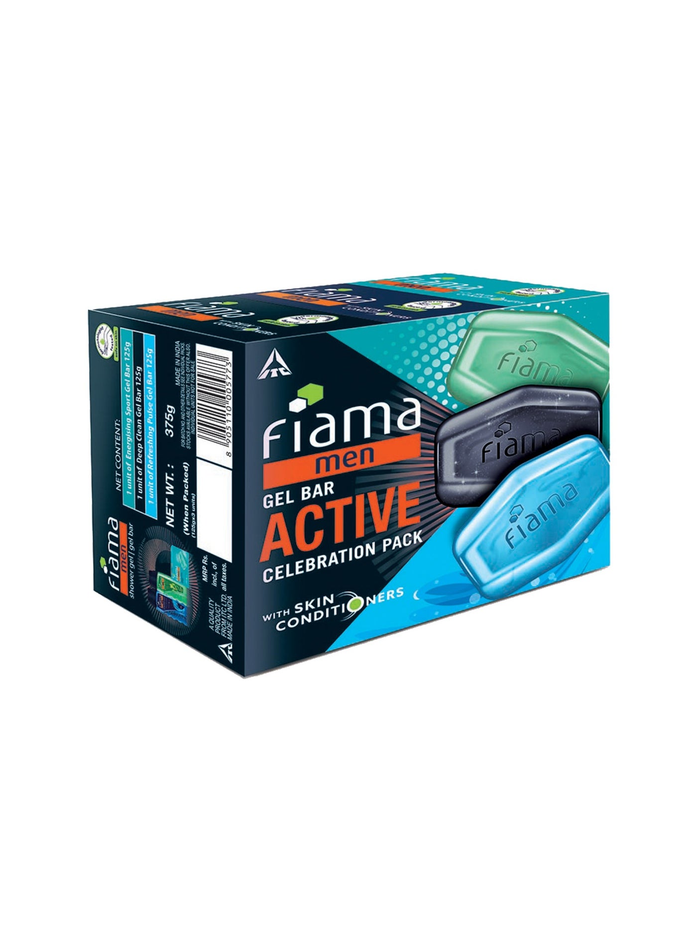 Fiama Men Gel Bar Active Celebration Pack with 3 Unique Gel Bars (Charcoal and Grapefruit, Refreshing Pulse and Energising Sport)