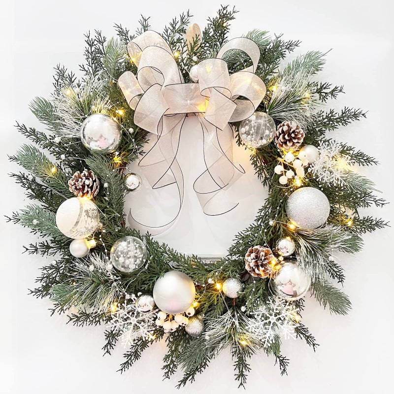Prelit Christmas Wreath with White Bow and Ball Ornaments TOKCARE 20 Inch Christmas Wreath with Lights for Front Door Battery Operated LED Lights Holiday Decoration for Fireplace Xmas Decor