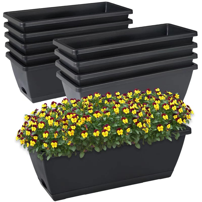 CHUKEMAOYI Window Box Planter, 10 Pack Plastic Vegetable Flower Planters Boxes 17 Inches Rectangular Flower Pots with Saucers for Indoor Outdoor Garden, Patio, Home Decor (Black) - Image 1
