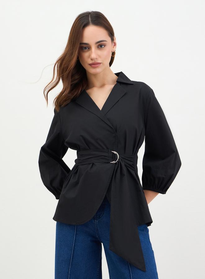 ستايلي قميص من بوبلين القطن بتصميم لف وحزام - Image 1