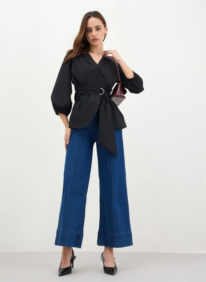 Styli Black Cotton Poplin Wrap Shirt with Belt