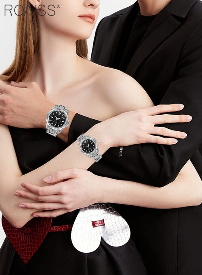 رويس مجموعة ساعة كوارتز للزوجين بحزام من الفولاذ المقاوم للصدأ بقرص دائري، ساعة يد عصرية رائعة مضيئة مقاومة للماء مناسبة للرجال والنساء، أسود وفضي - Image 2