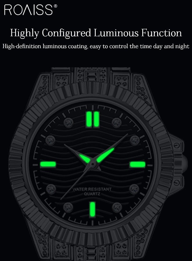 رويس مجموعة ساعة كوارتز للزوجين بحزام من الفولاذ المقاوم للصدأ بقرص دائري، ساعة يد عصرية رائعة مضيئة مقاومة للماء مناسبة للرجال والنساء، أسود وفضي - Image 4