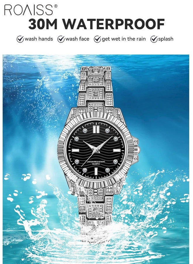 رويس مجموعة ساعة كوارتز للزوجين بحزام من الفولاذ المقاوم للصدأ بقرص دائري، ساعة يد عصرية رائعة مضيئة مقاومة للماء مناسبة للرجال والنساء، أسود وفضي - Image 5