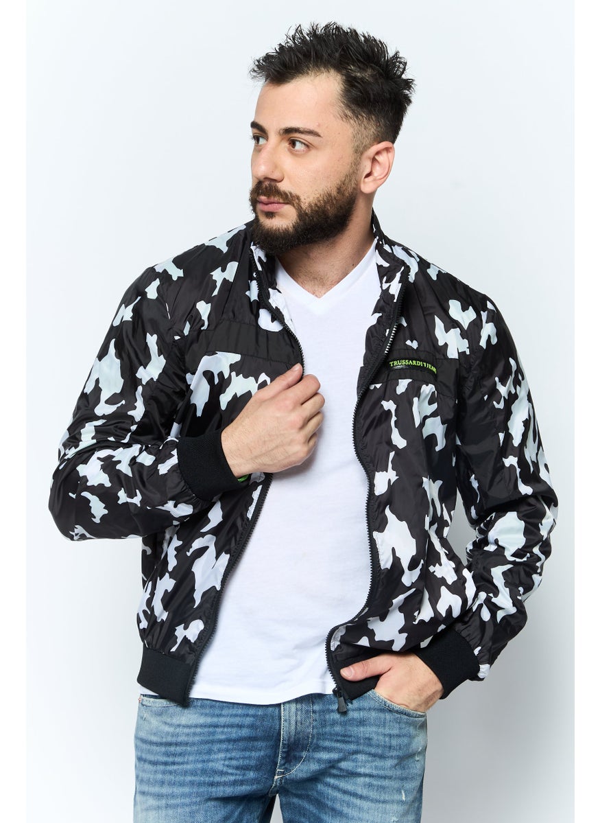 TRUSSARDI JEANS Men Allover Printed Windbreaker Jacket, Black  - Image 1