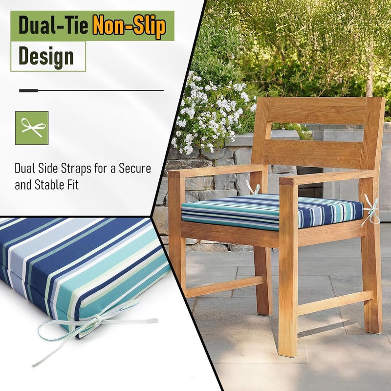Basic Beyond Outdoor Chair Cushions for Patio Furniture, Waterproof Outdoor Cushions, Square Corner Patio Chair Cushions Set of 6 with Ties, 18.5"x16"x3", Pinstriped Blue - Image 4