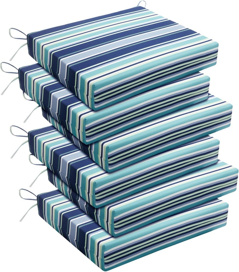 Basic Beyond Outdoor Chair Cushions for Patio Furniture, Waterproof Outdoor Cushions, Square Corner Patio Chair Cushions Set of 6 with Ties, 18.5"x16"x3", Pinstriped Blue - Image 1