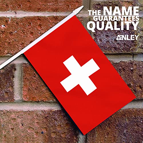 Anley Switzerland Mini Flag 12 Pack Hand Held Small Miniature Swiss Flags on Stick Fade Resistant Vivid Colors 5x8 Inch with Solid Pole Spear Top - Image 3