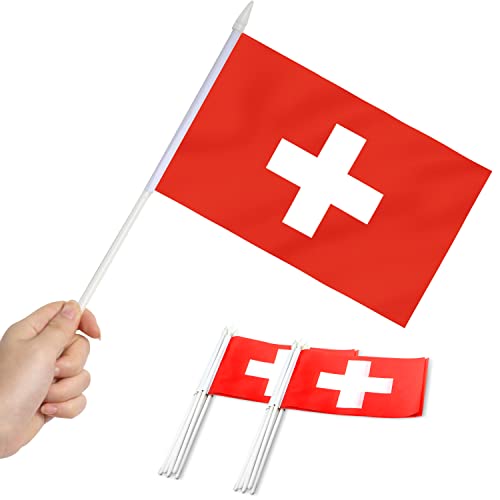 Anley Switzerland Mini Flag 12 Pack Hand Held Small Miniature Swiss Flags on Stick Fade Resistant Vivid Colors 5x8 Inch with Solid Pole Spear Top - Image 1