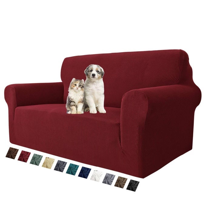 STRETCH LOVESEAT SOFA SLIPCOVERS 1 PIECE LOVE SEAT COUCH COVERS FOR 2 CUSHION COUCH NON SLIP SOFA COVER WASHABLE DOG CAT PROOF FURNITURE PROTECTOR PET FRIENDLY LOVESEAT WINE RED