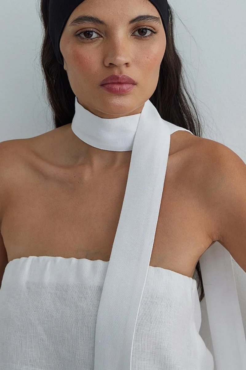 سود كوليكشن White 100% Linen Mill Strapless Blouse