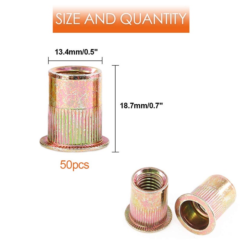 Rustark 50-Pcs 3/8''-16UNC Mixed Zinc Plated Carbon Steel Rivet Nut Flat Head Threaded Insert Nutsert Assortment Kit - Image 2