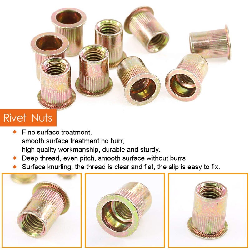 Rustark 50-Pcs 3/8''-16UNC Mixed Zinc Plated Carbon Steel Rivet Nut Flat Head Threaded Insert Nutsert Assortment Kit - Image 4
