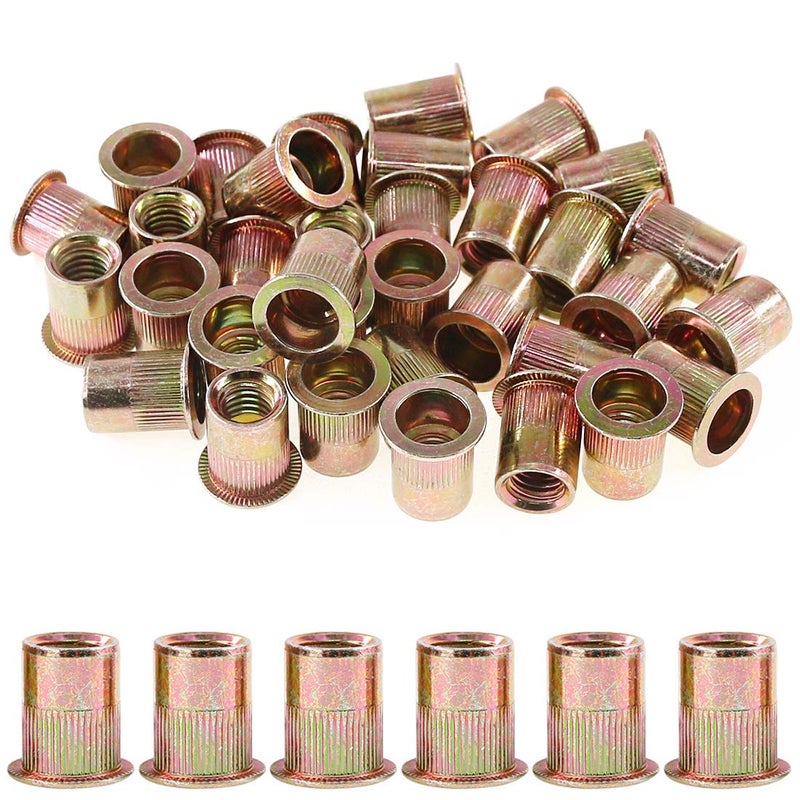 Rustark 50-Pcs 3/8''-16UNC Mixed Zinc Plated Carbon Steel Rivet Nut Flat Head Threaded Insert Nutsert Assortment Kit - Image 1