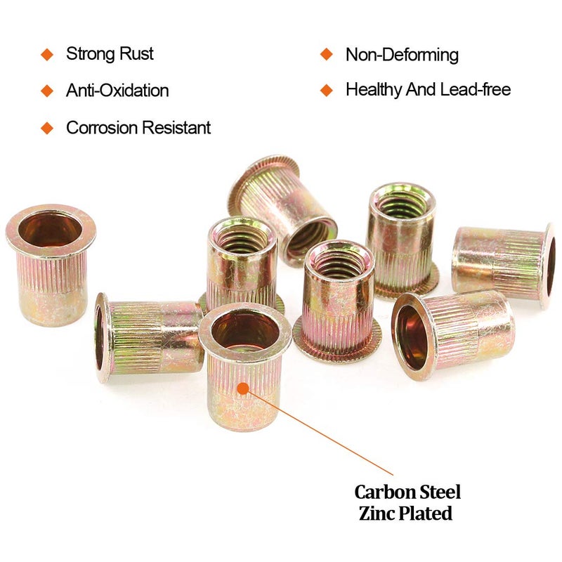 Rustark 50-Pcs 3/8''-16UNC Mixed Zinc Plated Carbon Steel Rivet Nut Flat Head Threaded Insert Nutsert Assortment Kit - Image 3