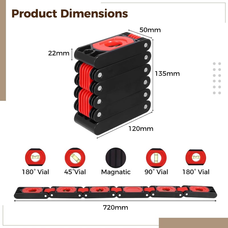 Leveling Tool Multi-Function, Foldable Level Tool With Strong Attachment, Abs Shell, 180/90/45 Degree Bubbles, 28.3 In Unfolded Portable Woodworking Level Tool - Image 4