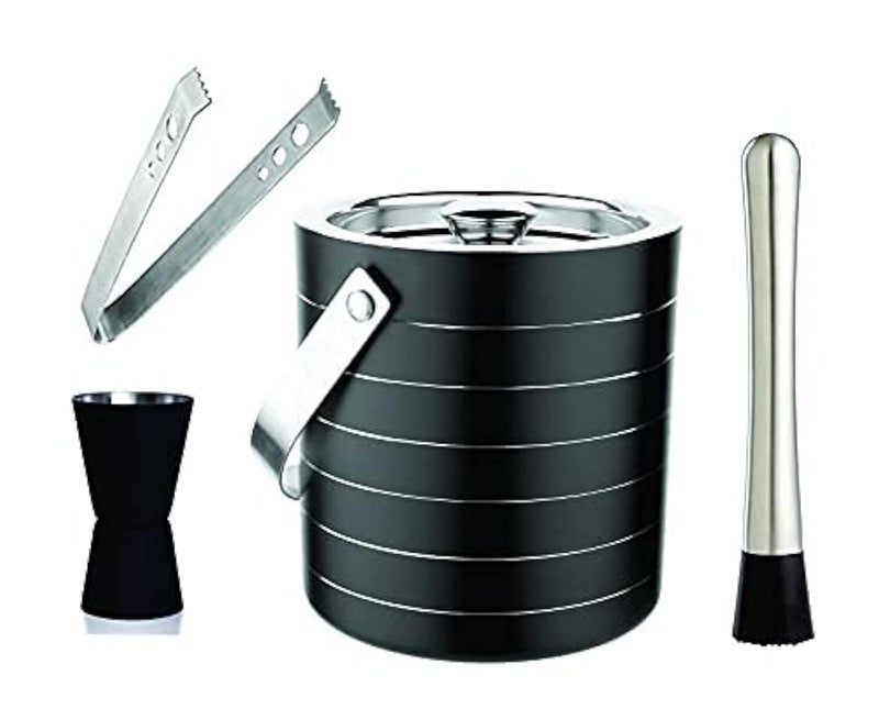 HAINE Barware 4 Pieces Bar Set of Double Wall Ice Bucket, Ice Tong, Measurement Jig and Muddler, Stainless Steel - Image 1