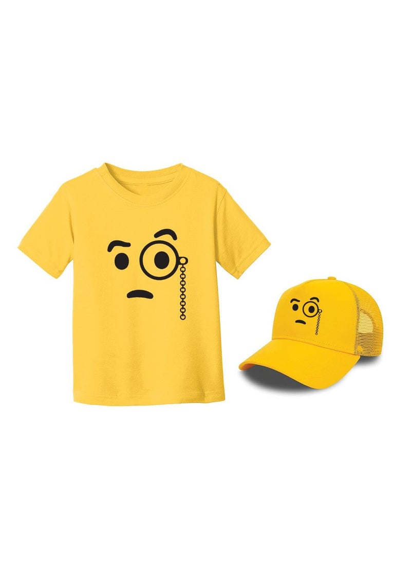 PRINTSHOP4ME - Kids Yellow Smiley Face Pack Of 2 T-Shirt And Cap Combo–Unisex Round Neck Short Sleeve Cotton T-Shirt - Image 1