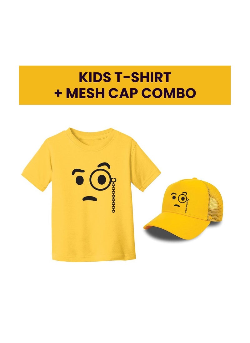 PRINTSHOP4ME - Kids Yellow Smiley Face Pack Of 2 T-Shirt And Cap Combo–Unisex Round Neck Short Sleeve Cotton T-Shirt - Image 1