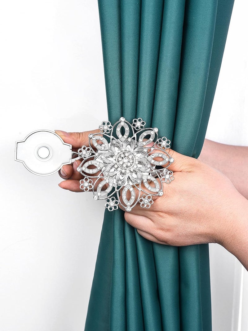 Arkit Wall Mounted Decorative Metal Heavy Duty Window Drapery HoldersCurtain Tie Backs Hooks Decorative Drapery Curtain HoldBacks Buckle with Stretchy Wire Rope Silver Platinum with Diamond - Image 3