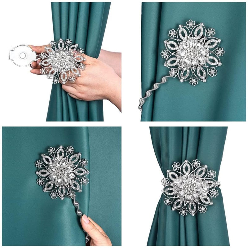 Arkit Wall Mounted Decorative Metal Heavy Duty Window Drapery HoldersCurtain Tie Backs Hooks Decorative Drapery Curtain HoldBacks Buckle with Stretchy Wire Rope Silver Platinum with Diamond - Image 4
