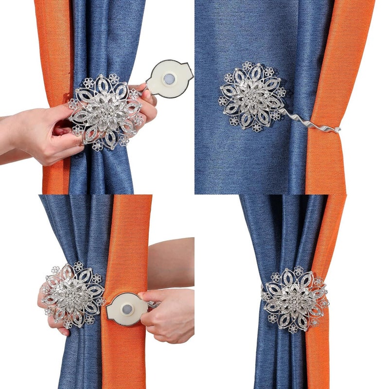 Arkit Wall Mounted Decorative Metal Heavy Duty Window Drapery HoldersCurtain Tie Backs Hooks Decorative Drapery Curtain HoldBacks Buckle with Stretchy Wire Rope Silver Platinum with Diamond - Image 5
